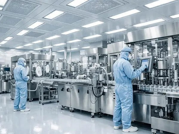 Operators at a filling machine in a cleanroom
