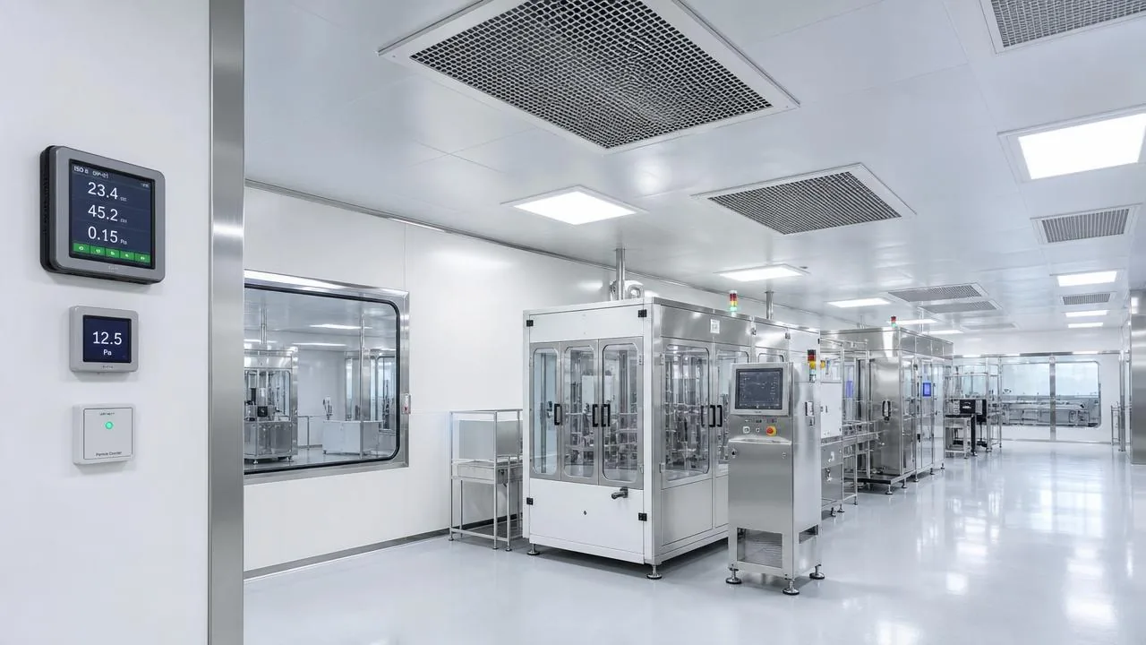Pharmaceutical cleanroom with wall-mounted pressure displays