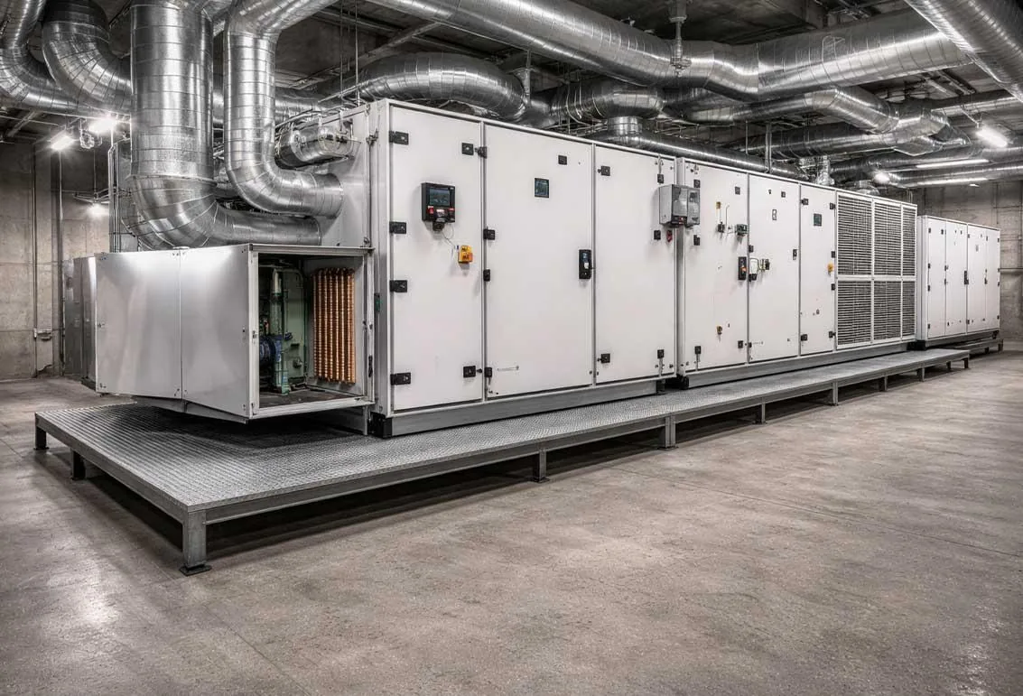 Air handling unit with ducts in a plant room